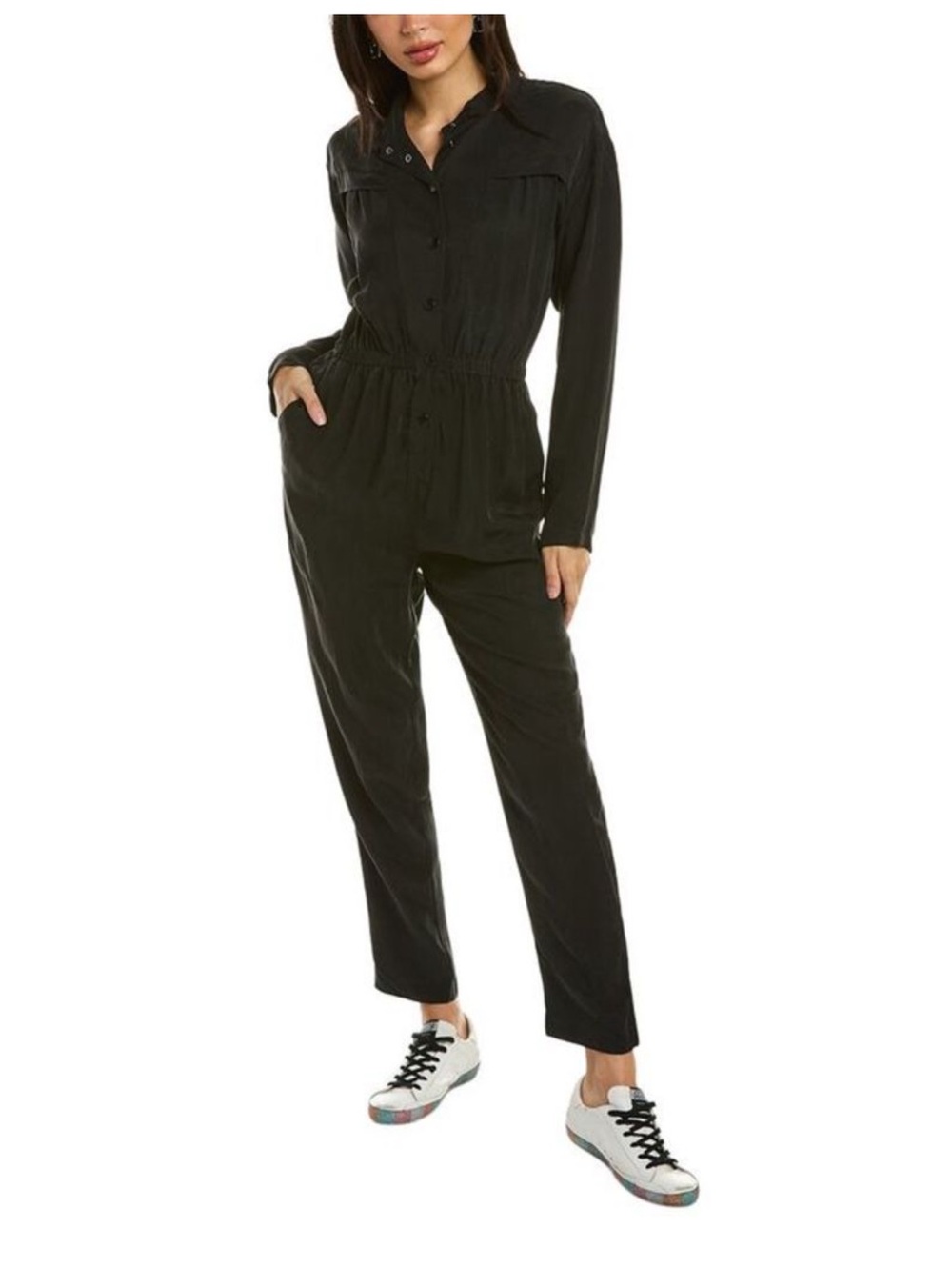 ba&sh Anissa Jumpsuit in black, featuring a button-front closure, long sleeves,